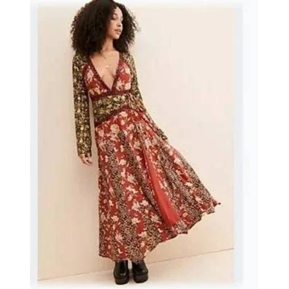 Free People Tilda Wrap Dress Neutral Combo Floral Lace Maxi OB1517345 L NEW Boho